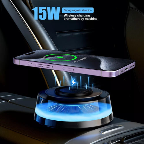4-in-1 car charger with diffuser wirelessly charging a phone on the car console