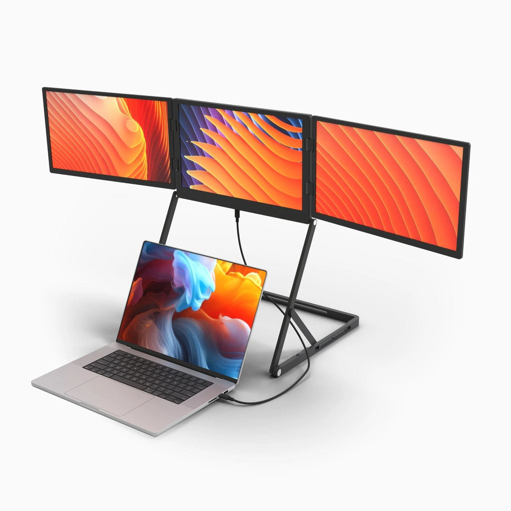 Aura Display triple screen extender set up around a laptop