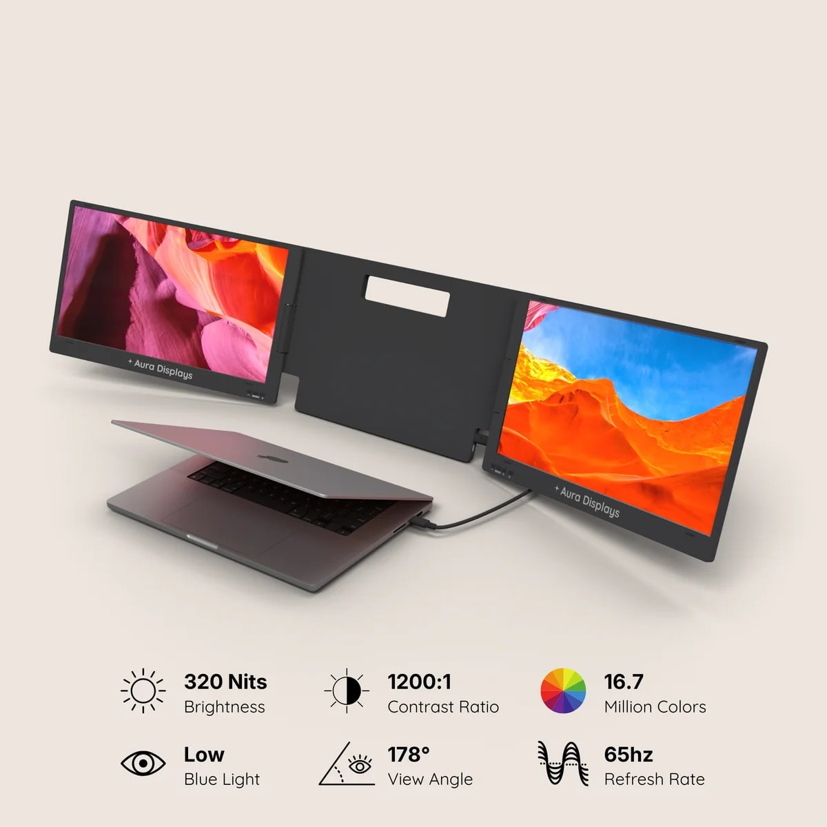 Aura Display dual screen laptop extender with brightness, contrast and refresh rate specs