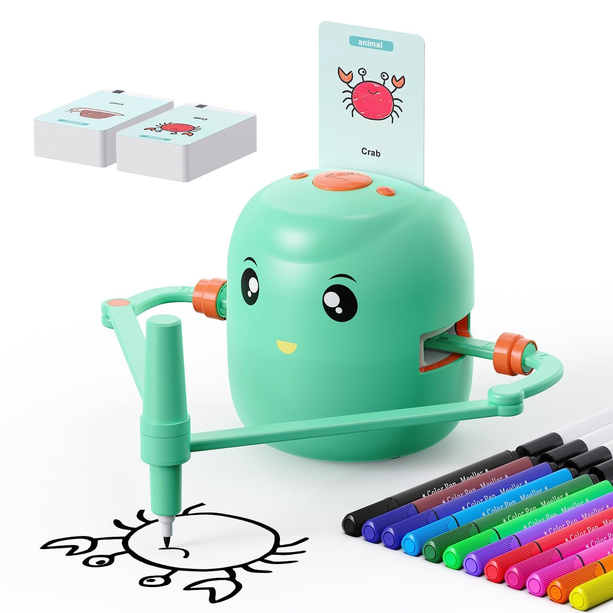 Green drawing robot for kids drawing a crab from a learning card, with colour pens