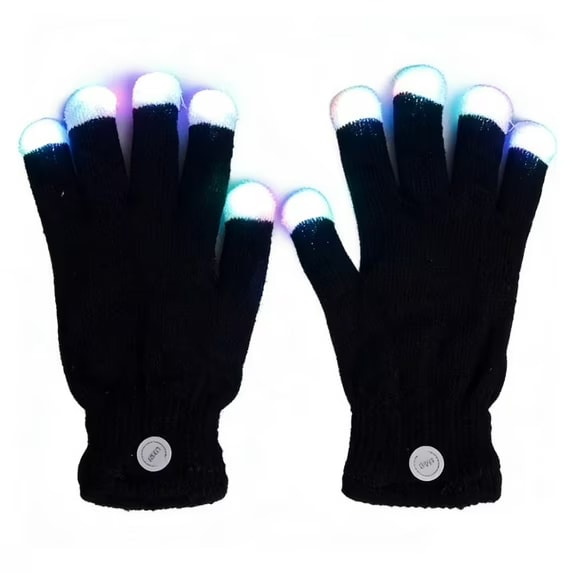 Pair of black LED light gloves with glowing white fingertips