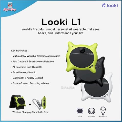 Looki L1 AI wearable camera key features, shown in green, black and white