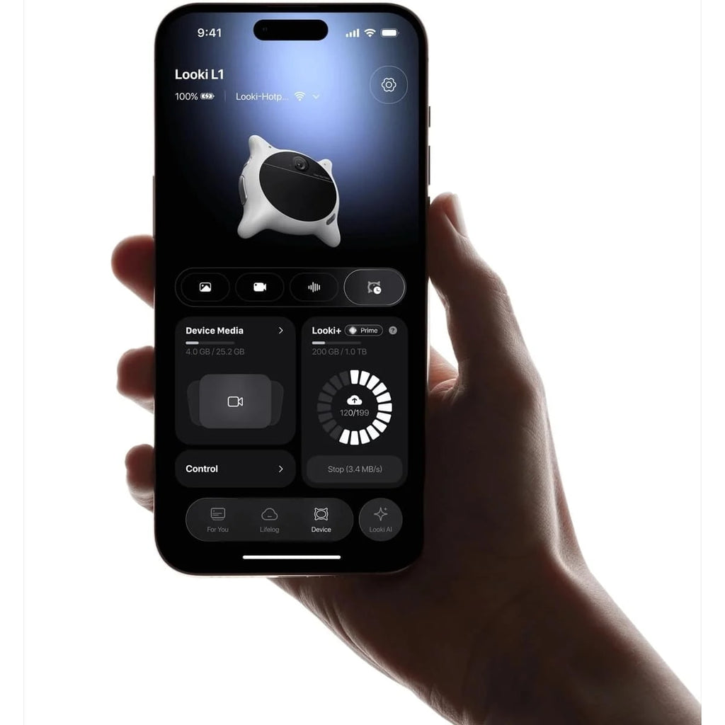 Looki app on a phone showing Looki L1 device media and controls
