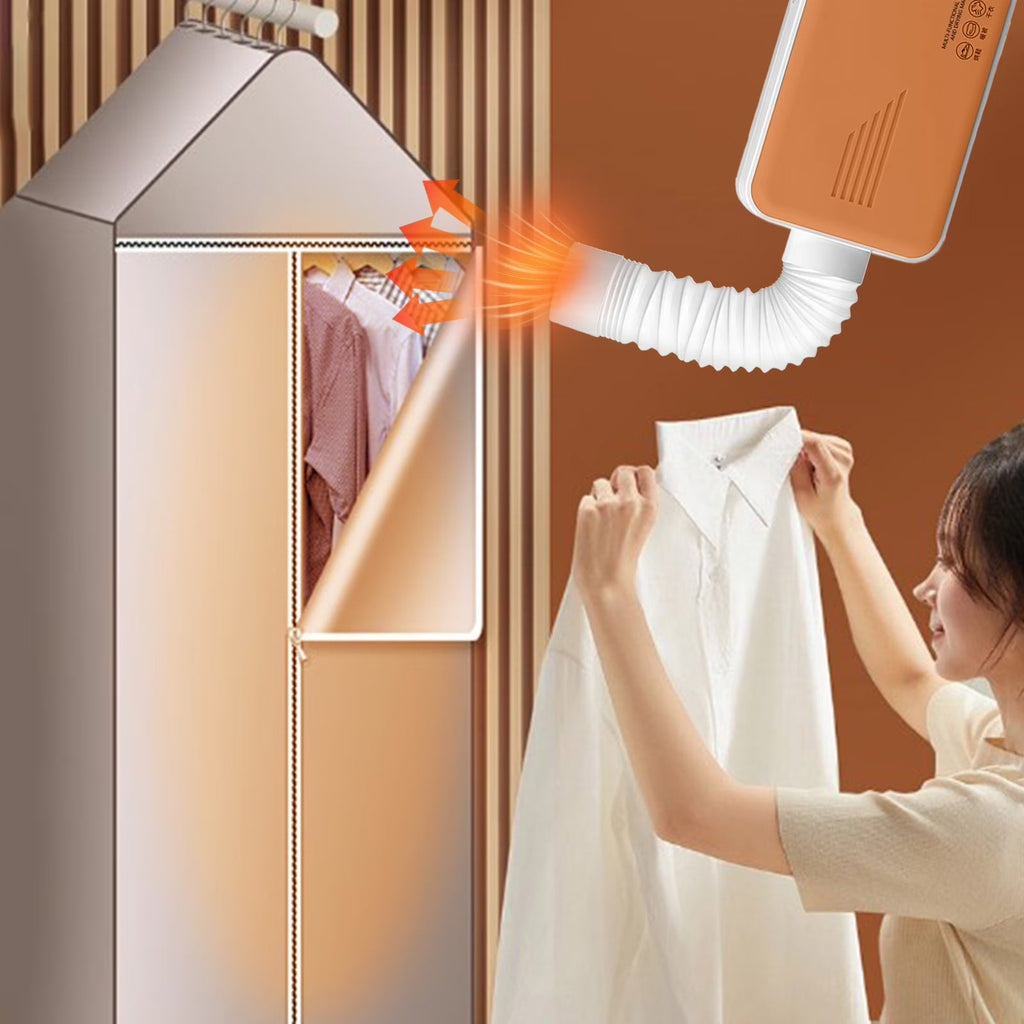 Portable clothes dryer blowing warm air into a cover full of shirts