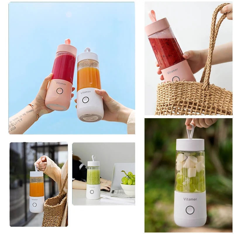 Pink and white portable electric blenders carried outdoors