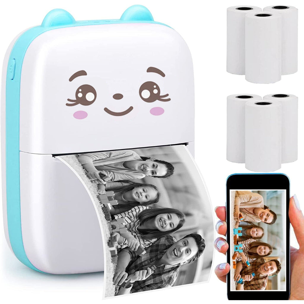 Cute portable mini printer printing a family photo from a phone, with spare paper rolls