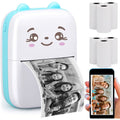 Cute portable mini printer printing a family photo from a phone, with spare paper rolls