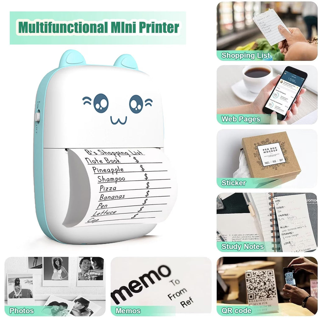 Portable mini printer uses: shopping lists, web pages, stickers, study notes, photos, memos and QR codes