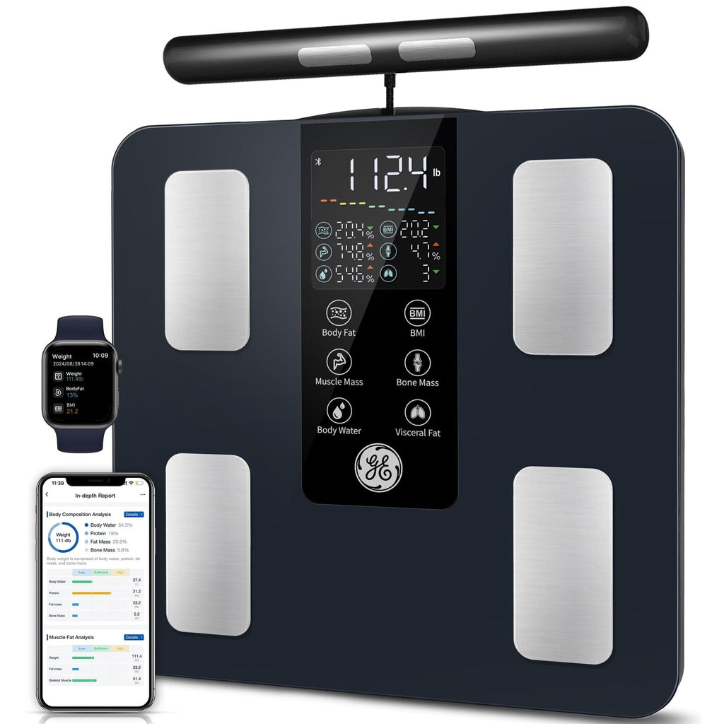 Smart body composition scale showing body fat, BMI, muscle and bone mass, with phone and watch app