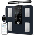 Smart body composition scale showing body fat, BMI, muscle and bone mass, with phone and watch app