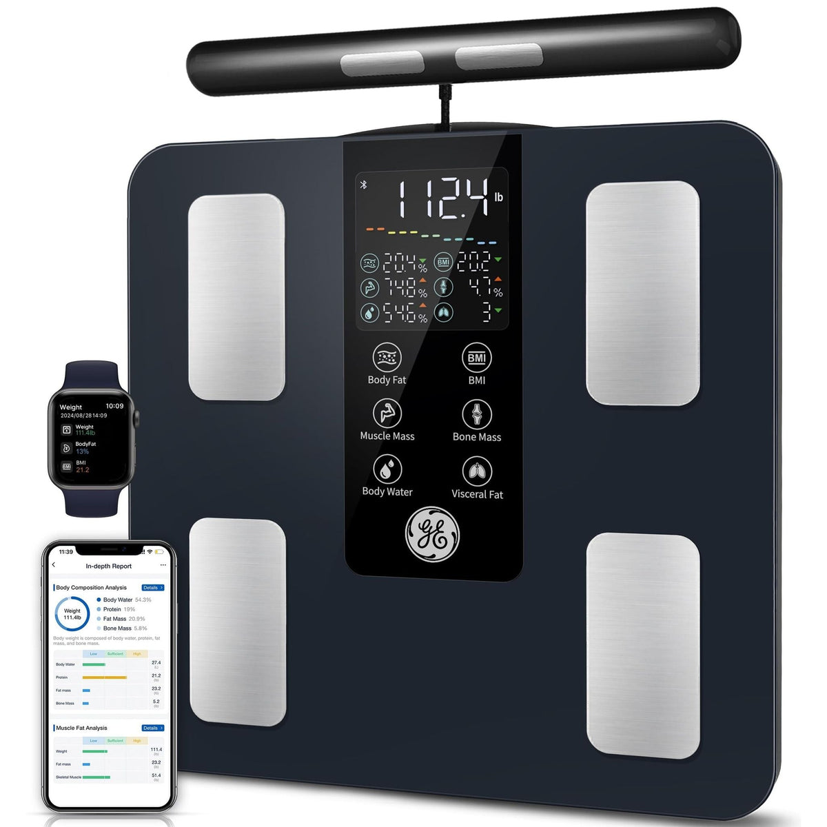 Smart body composition scale showing body fat, BMI, muscle and bone mass, with phone and watch app