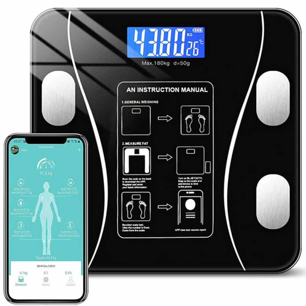 Black Bluetooth smart bathroom scale with a body composition app on a phone