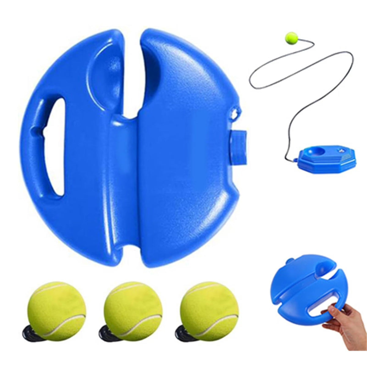 Blue solo tennis trainer base with three rebound tennis balls on cords