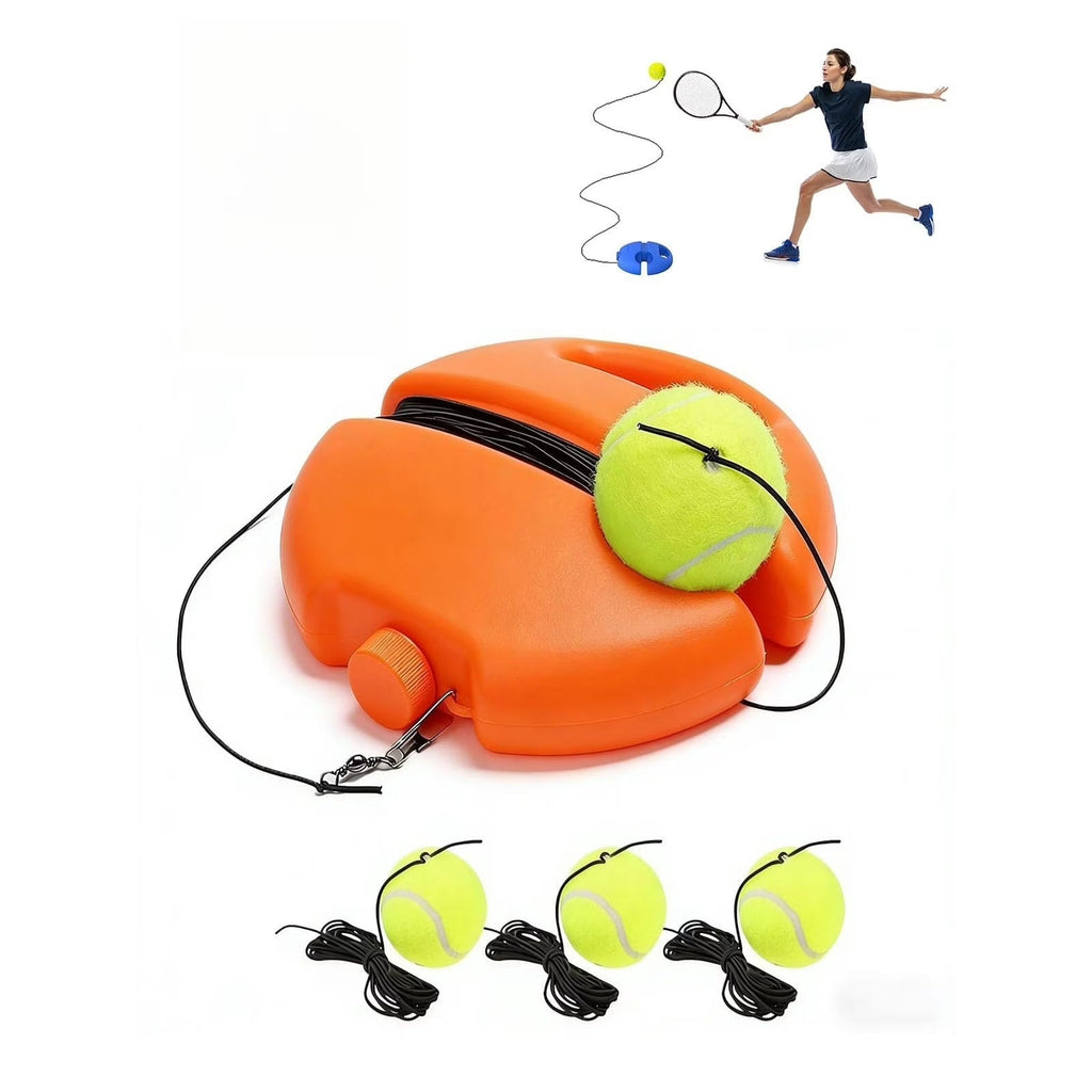 Orange solo tennis trainer base with rebound balls and a player hitting a return
